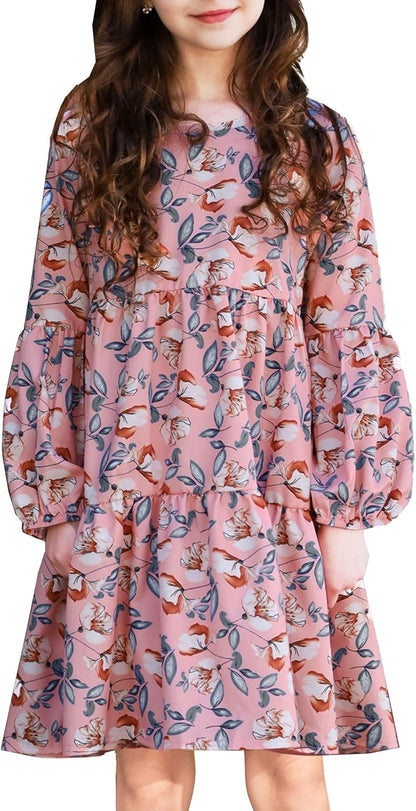 Arshiner Girls Dress Long Sleeve a Line Loose Swing Ruffle Tunic Dresses